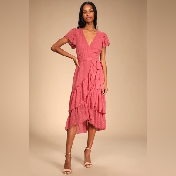 Lulus Have Harmony Swiss Dot Ruffled Faux Wrap Midi Dress in Mauve Size Medium - Picture 1 of 12